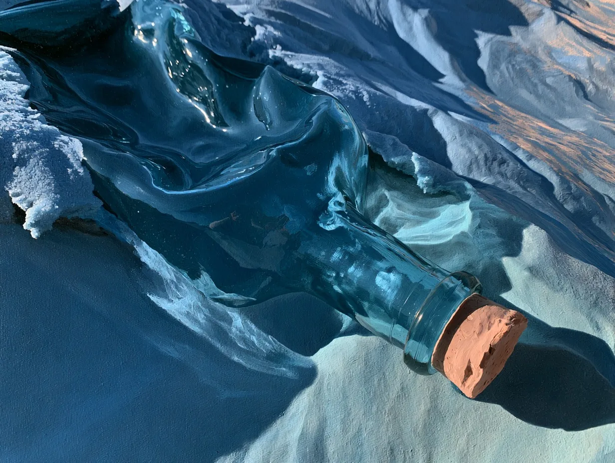 A glass bottle half-buried in sand, its surface reflecting an Oceanic palette of deep teal and aquamarine against cool blue-gray grains.