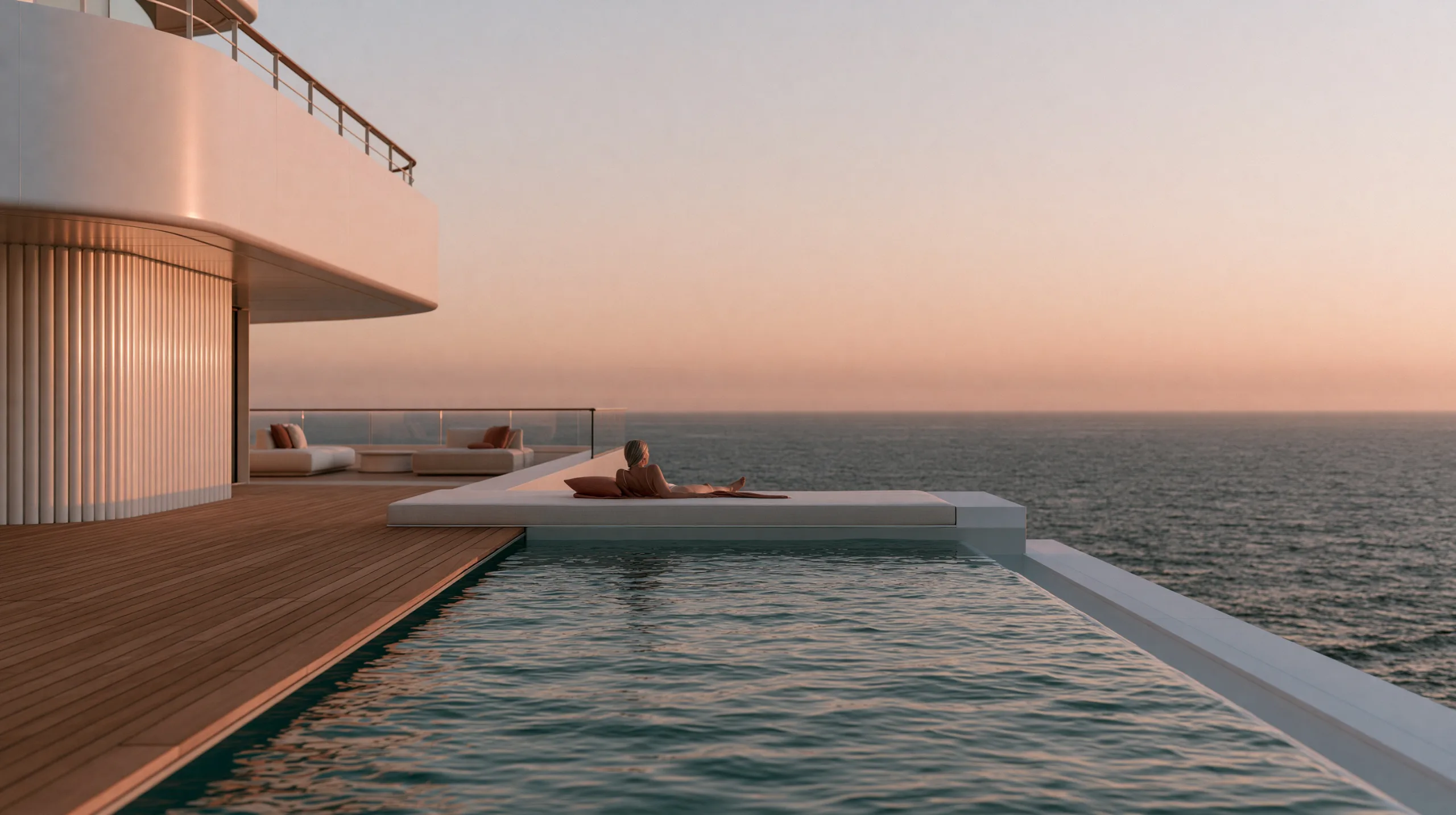 A quiet-luxury oceanview infinity pool on a modern cruise deck merges with the calm blue sea at sunset.