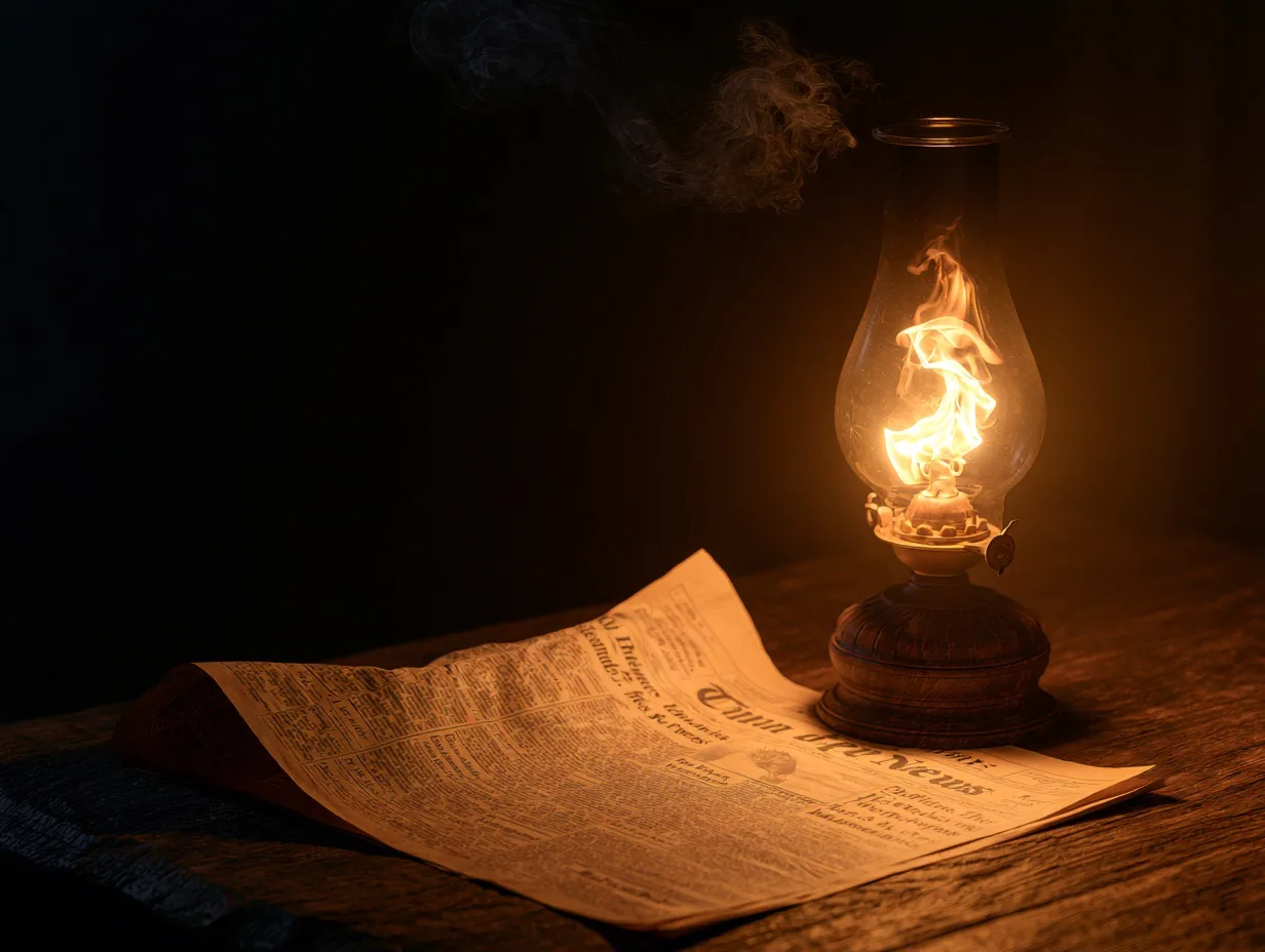 An oil lamp on a wooden table casts a warm glow on an open newspaper, its glass chimney bright with flame and a thin wisp of smoke rising in the dark room.