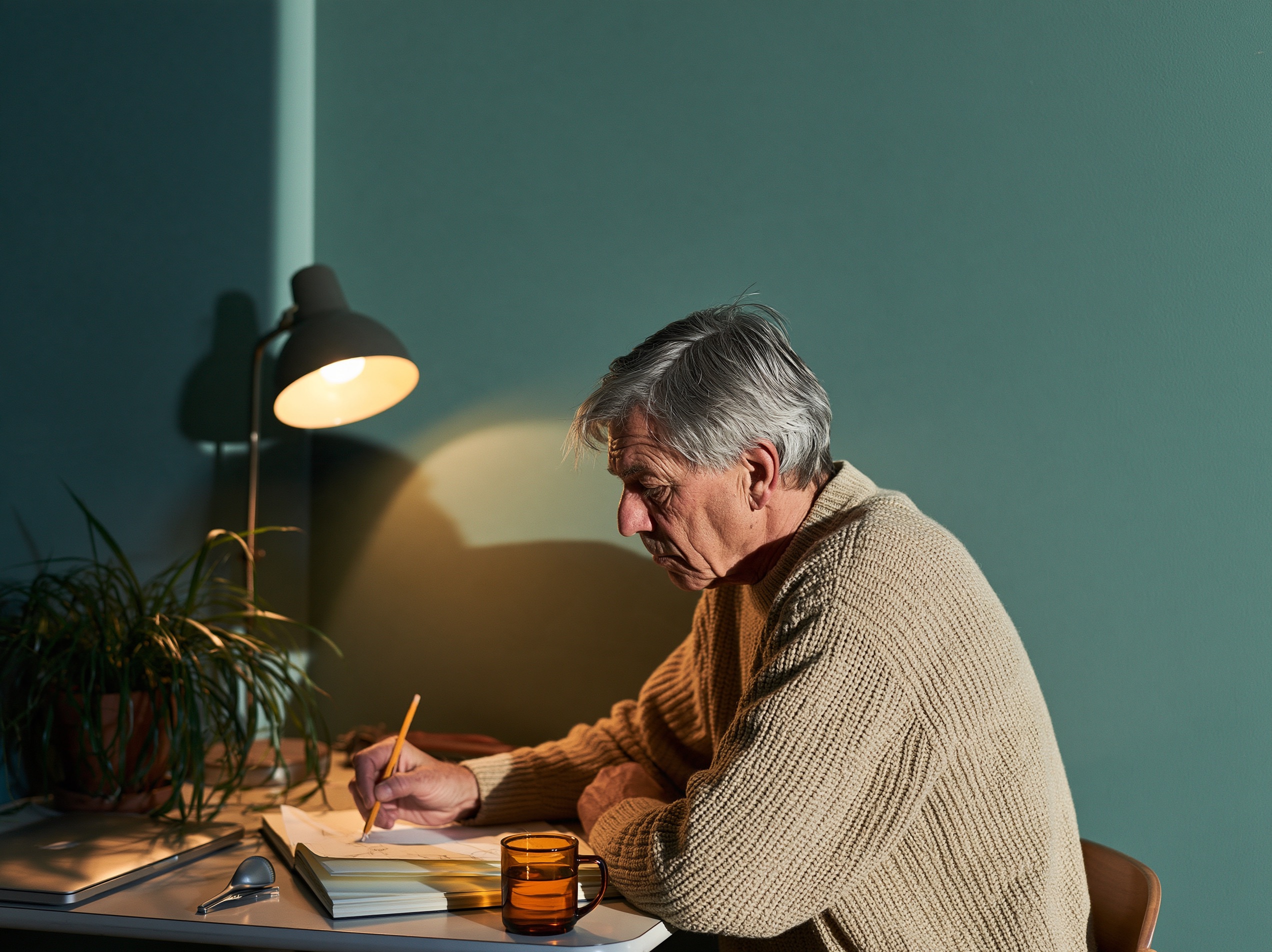 A grey-haired man in his sixties sketches in a notebook at a small corner desk lit by a warm lamp against a teal wall.