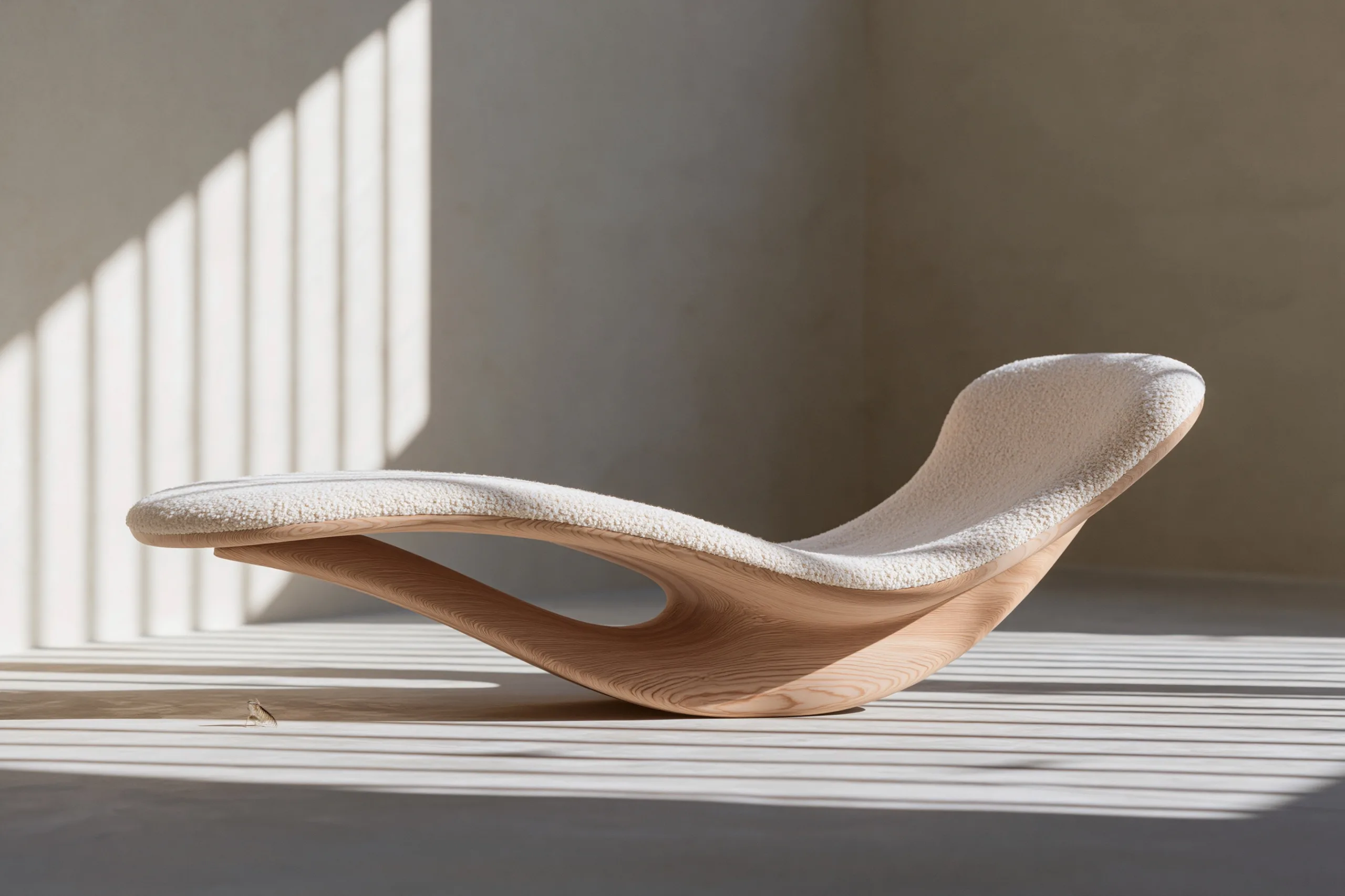 A minimalist lounge chair sculpted with sweeping organic curves sits in a sunlit room, its smooth wooden frame mimicking the gentle flow of a polished river stone.