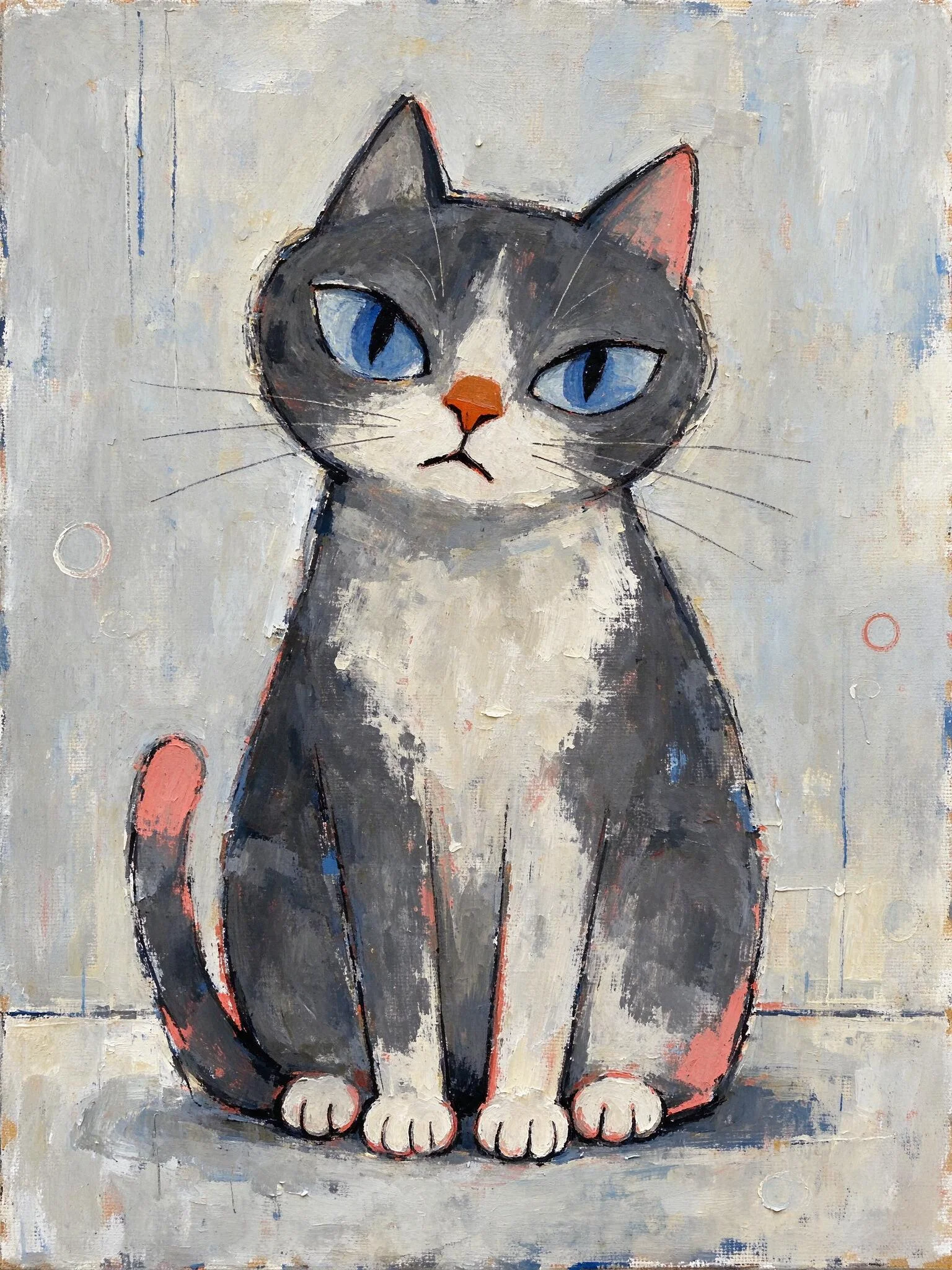 An outsider art painting of a cat, drawn flat and frontal with crowded patterning and lopsided proportions.