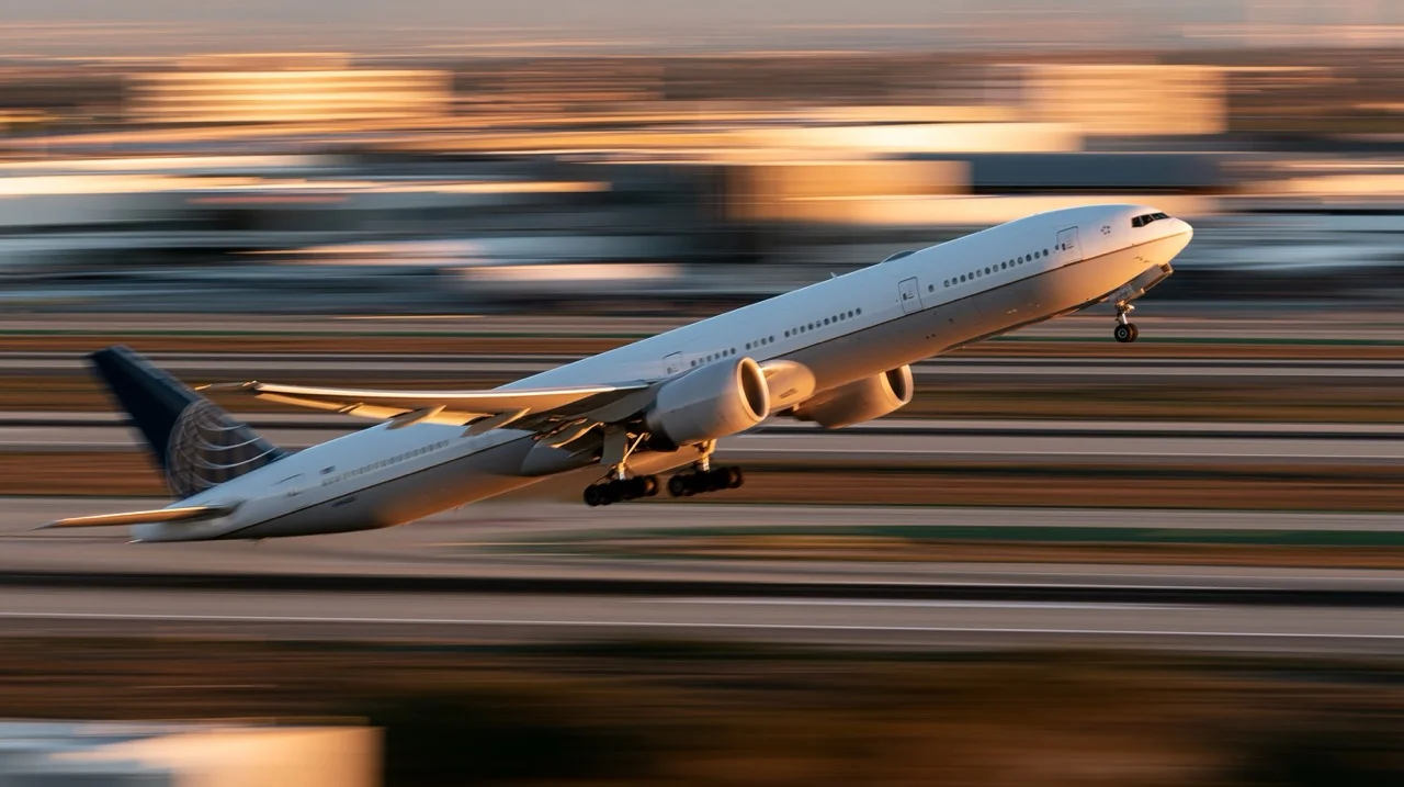 airplane, A high-speed panning shot of a commercial passenger jet during takeoff, with the runway lines beautifully blurred into horizontal motion streaks.
