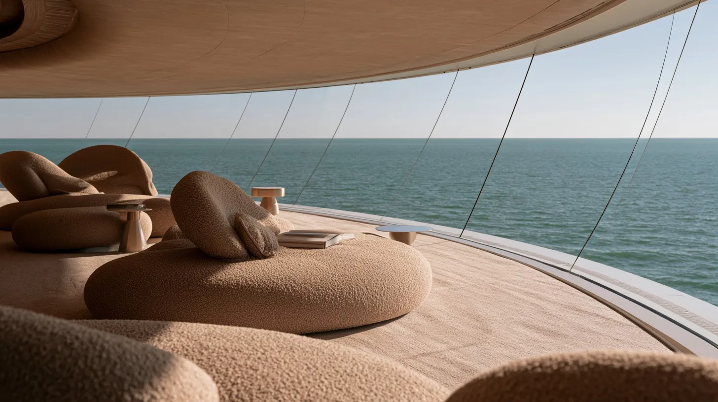 A quiet-luxury panoramic observation lounge on a cruise ship with warm wood panels, plush chairs, and vast ocean views.