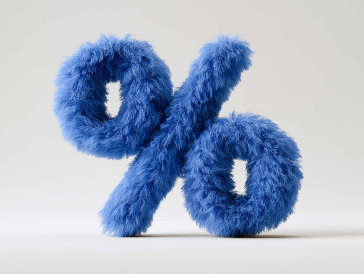 A thick percent sign covered in long shaggy cobalt blue faux fur, standing centred on a plain white background.