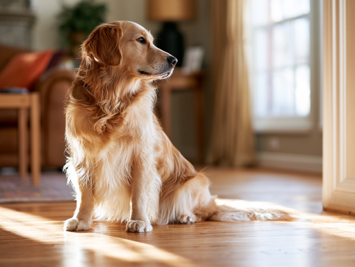 A golden retriever photographed from a pet-level eye line on a warm wooden floor in morning window light.