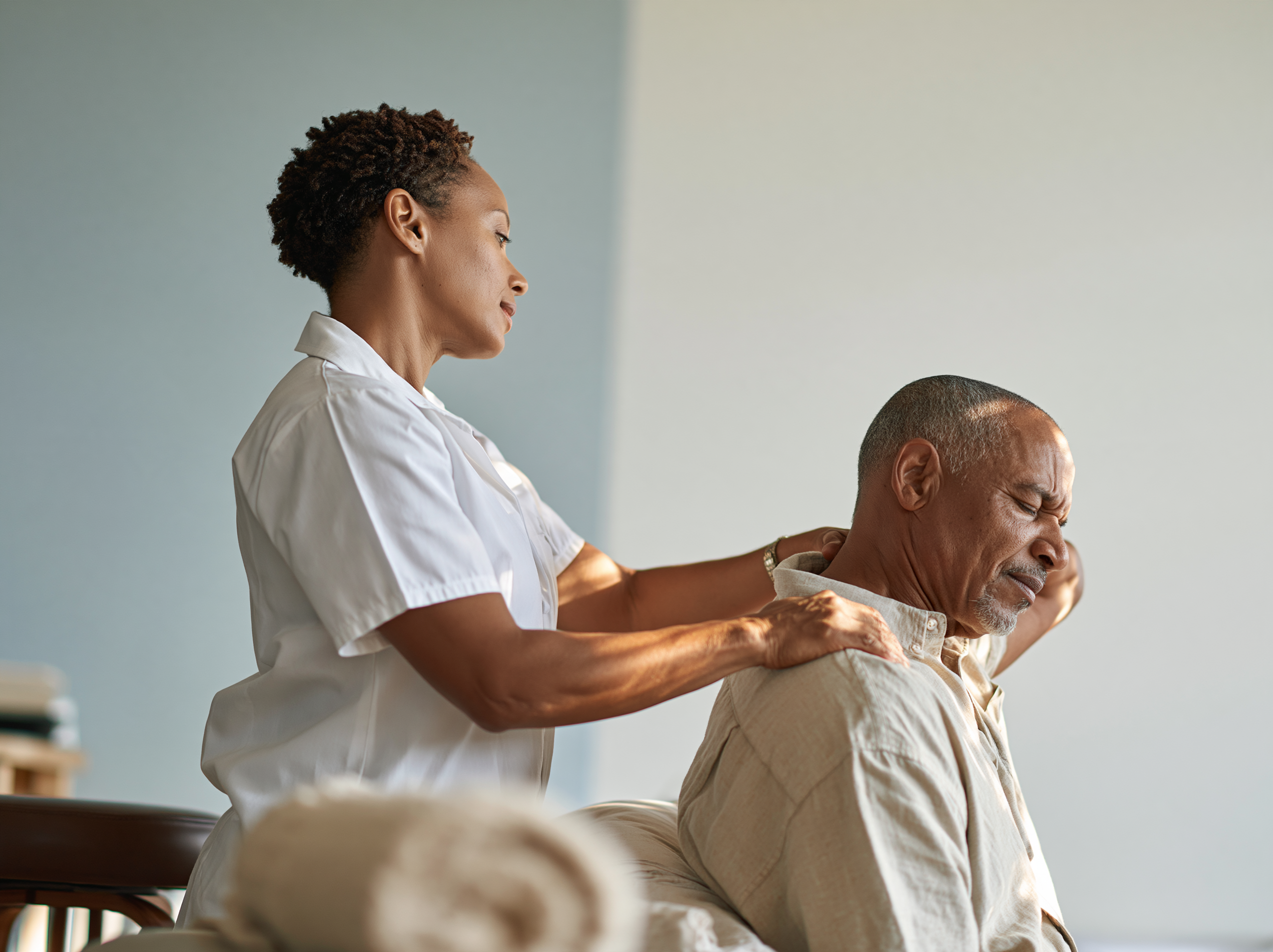 A physiotherapist in profile guides a seated older man through a shoulder stretch in a clean clinic room.