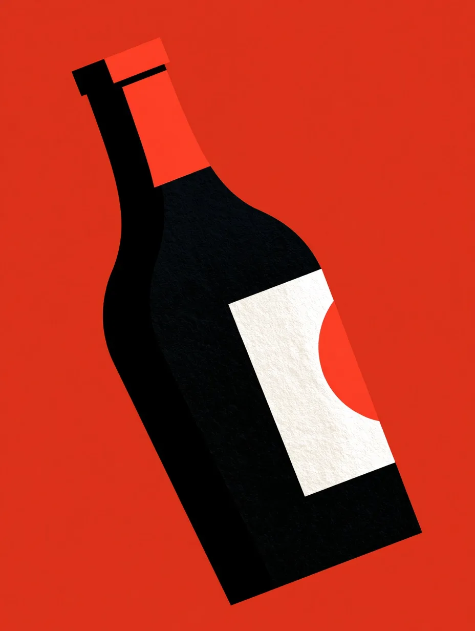 A bottle of red wine rendered in Plakatstil, with bold black outlines and flat red, white, and black shapes on a poster-like composition.
