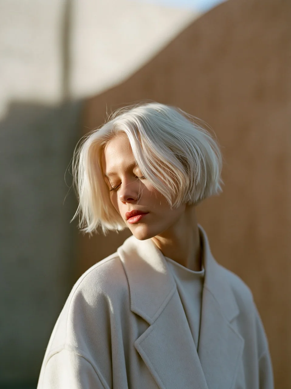 A minimalist fashion portrait showcasing a model with platinum blonde hair wearing a sleek cream coat against a soft beige wall.