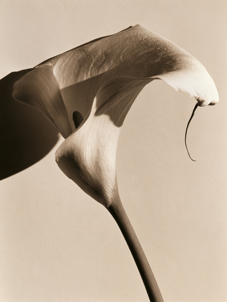 A single calla lily rendered as a Platinum Print, featuring luminous gray gradations on textured matte paper.