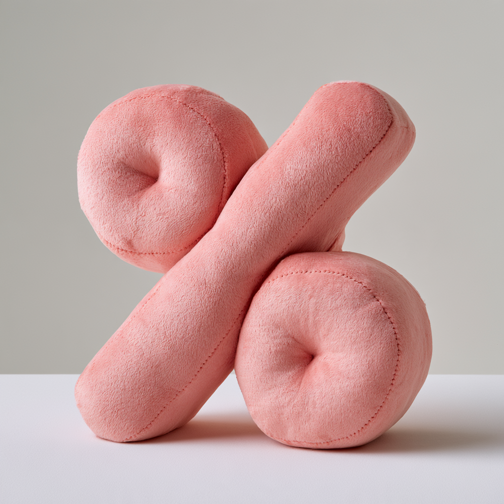 A soft blush pink plush toy shaped like a percent sign, with two plump circles and stitched seams, on a white background.