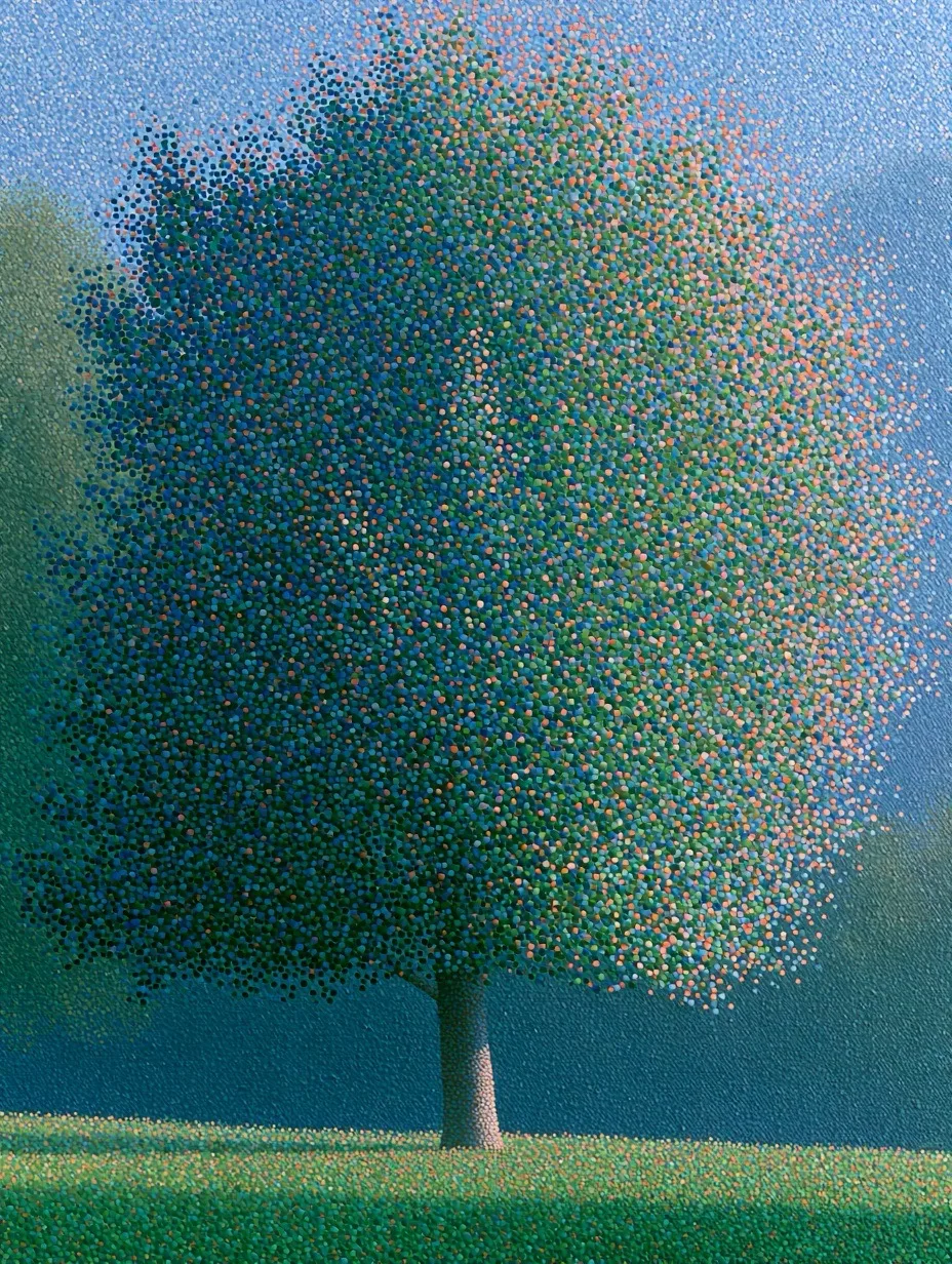 A single tree rendered in pointillism, composed entirely of tiny dots of pure color on canvas.