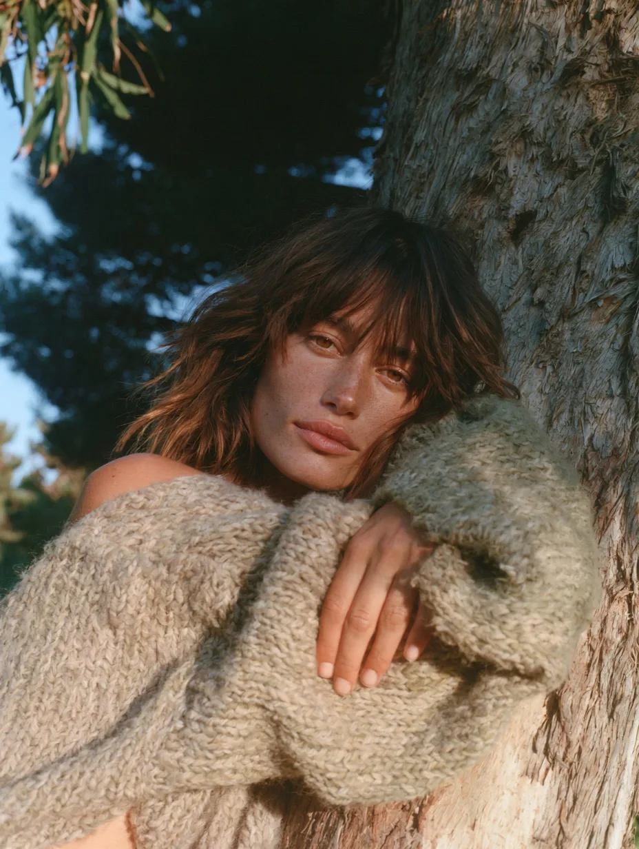 A polaroid instant print of a woman leaning against a tree, with muted ochre, olive, and cream tones and a white border.