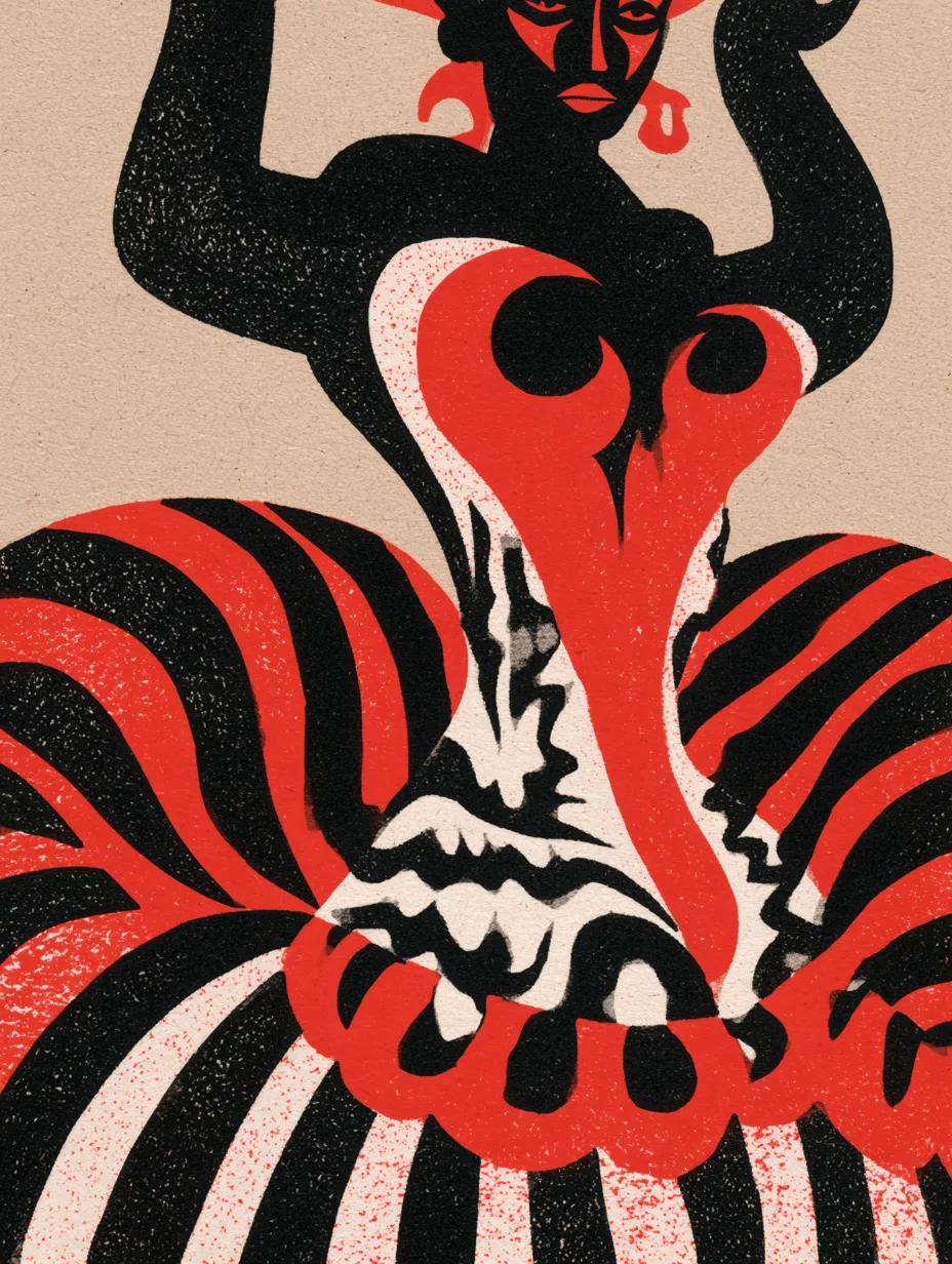 A circus performer in the Polish poster style, with bold black outlines and flat vibrant colors against a beige background.