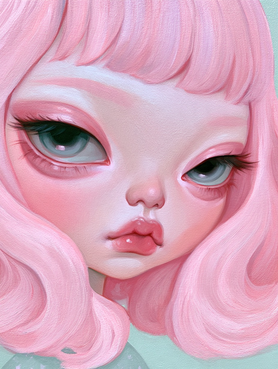 A doll-faced girl with oversized glossy eyes rendered in Pop Surrealism with smooth porcelain skin and pastel tones.