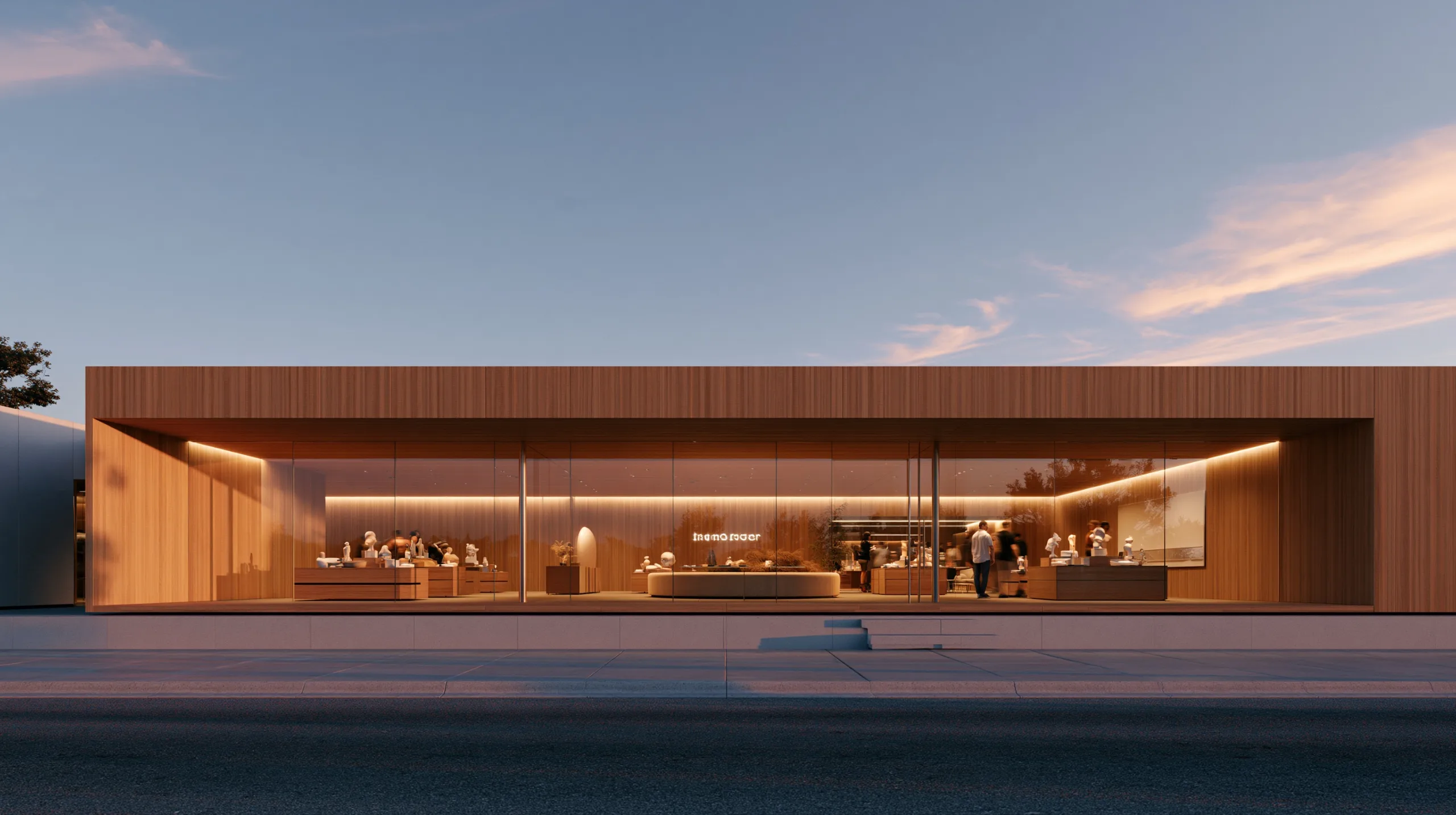 A sleek modern pop-up retail store with warm timber accents and soft lighting, nestled in a quiet urban plaza.