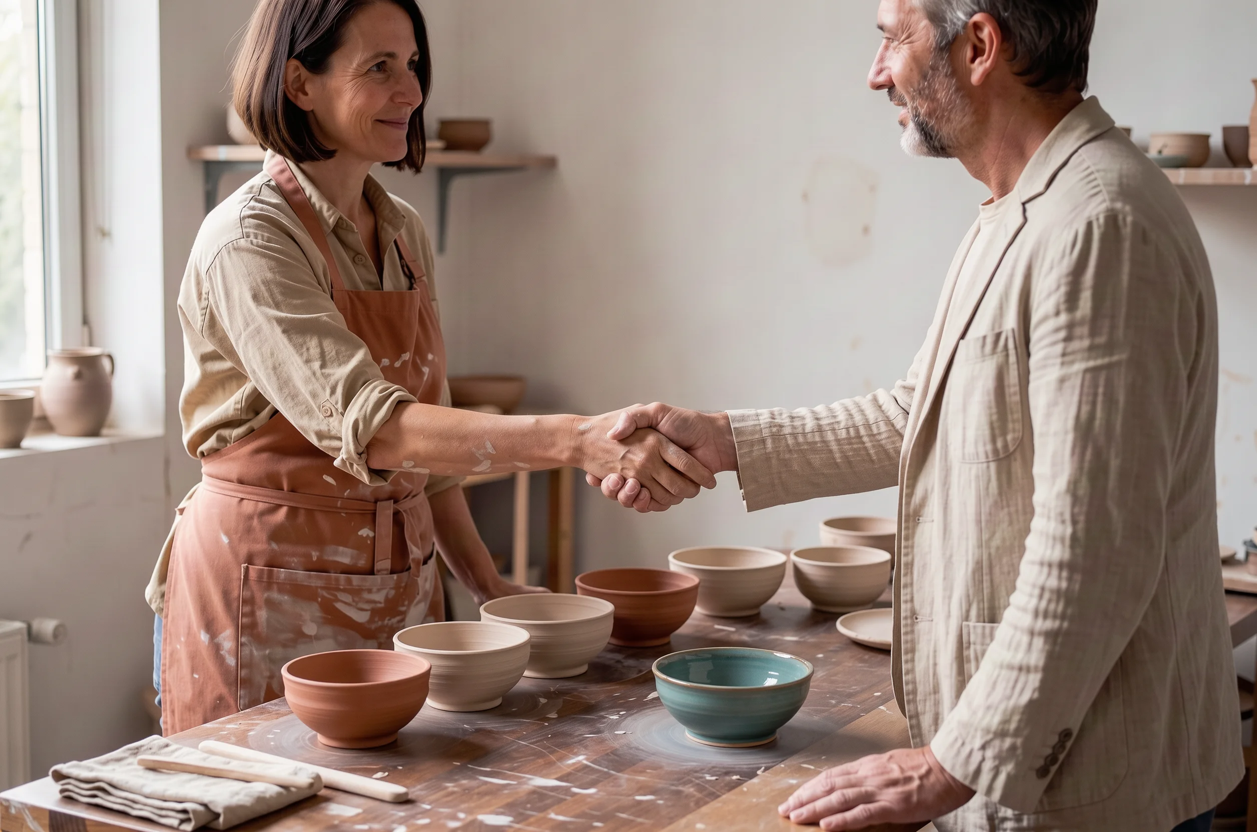 A potter and a gallery buyer shake hands over a timber workbench lined with bisque-fired bowls in a softly lit studio.