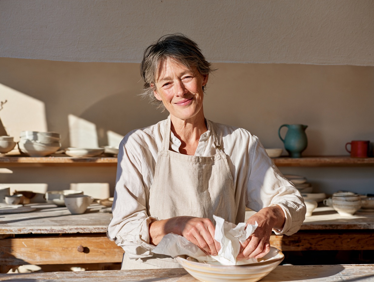 Potter wrapping a finished bowl in tissue paper