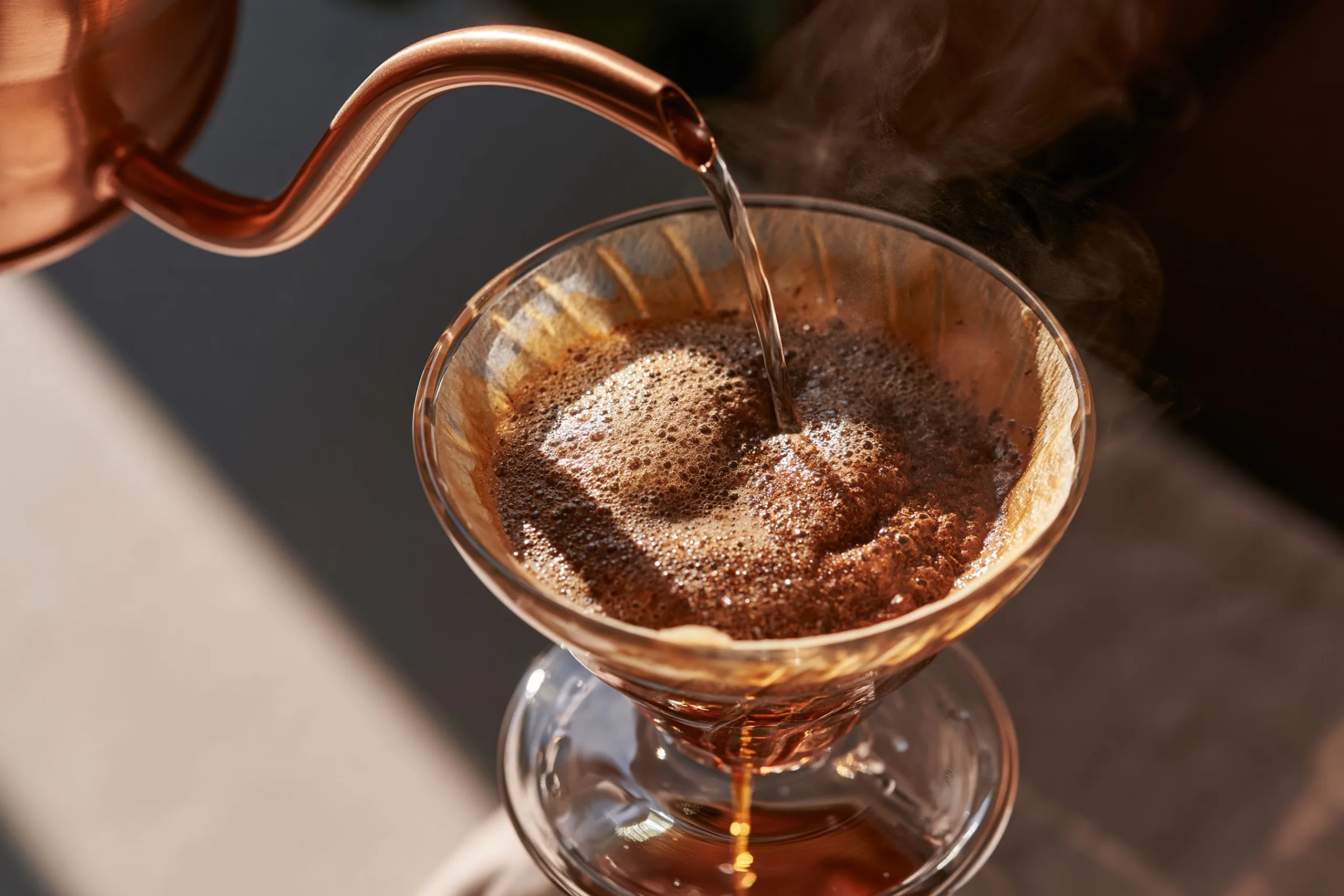 A close-up of hot water slowly spiraling from a copper kettle onto a glass dripper of fresh pour over coffee.