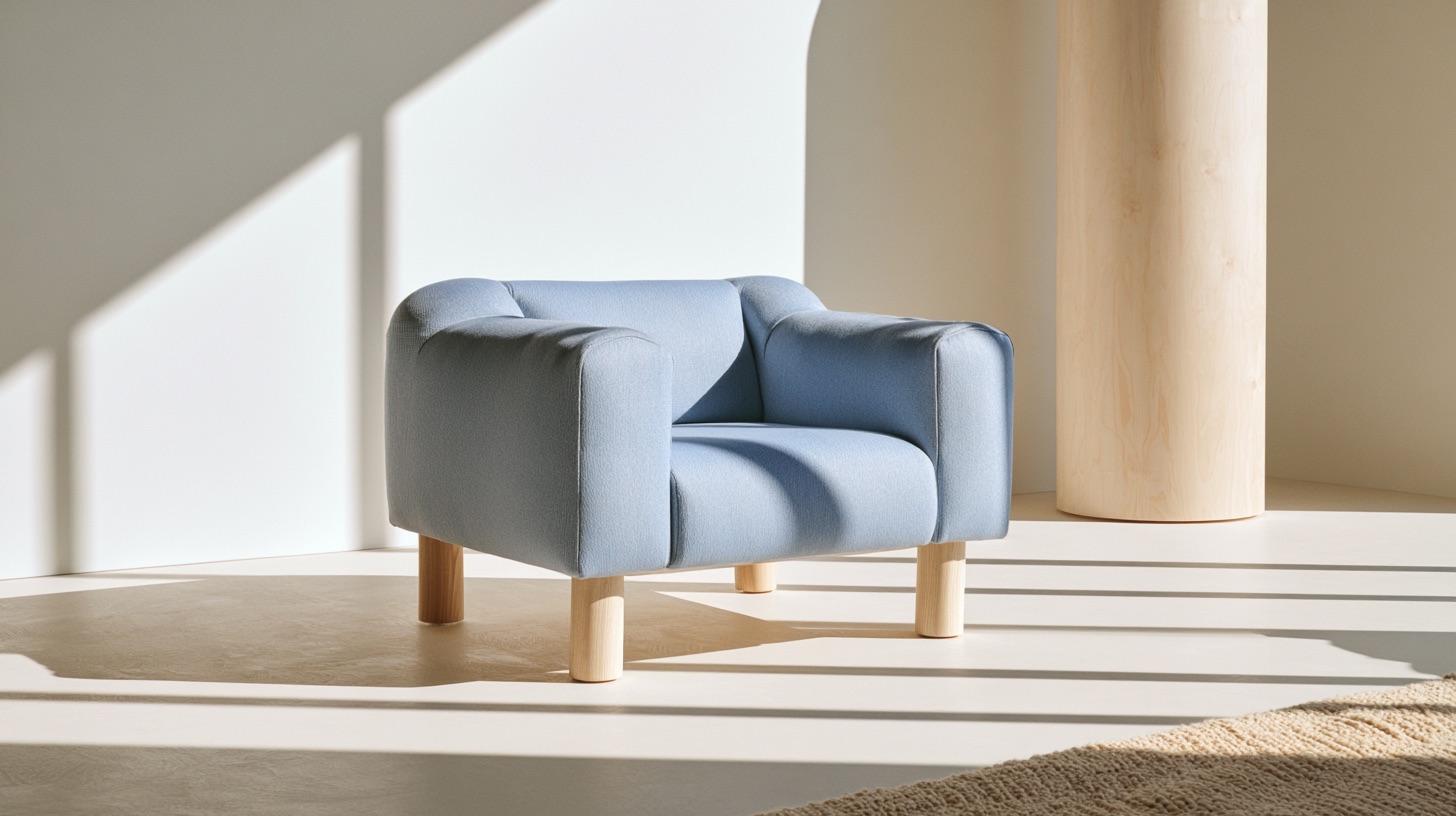 A modern lounge chair in a sunlit room styled with a soft powder blue palette and pale wood accents.