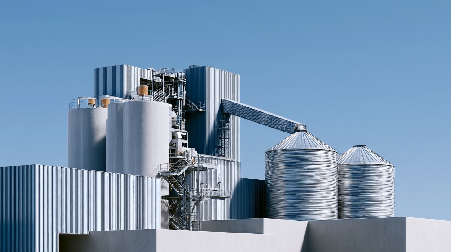 An industrial factory complex rendered in Precisionism with sharp geometric silos and clear skies.