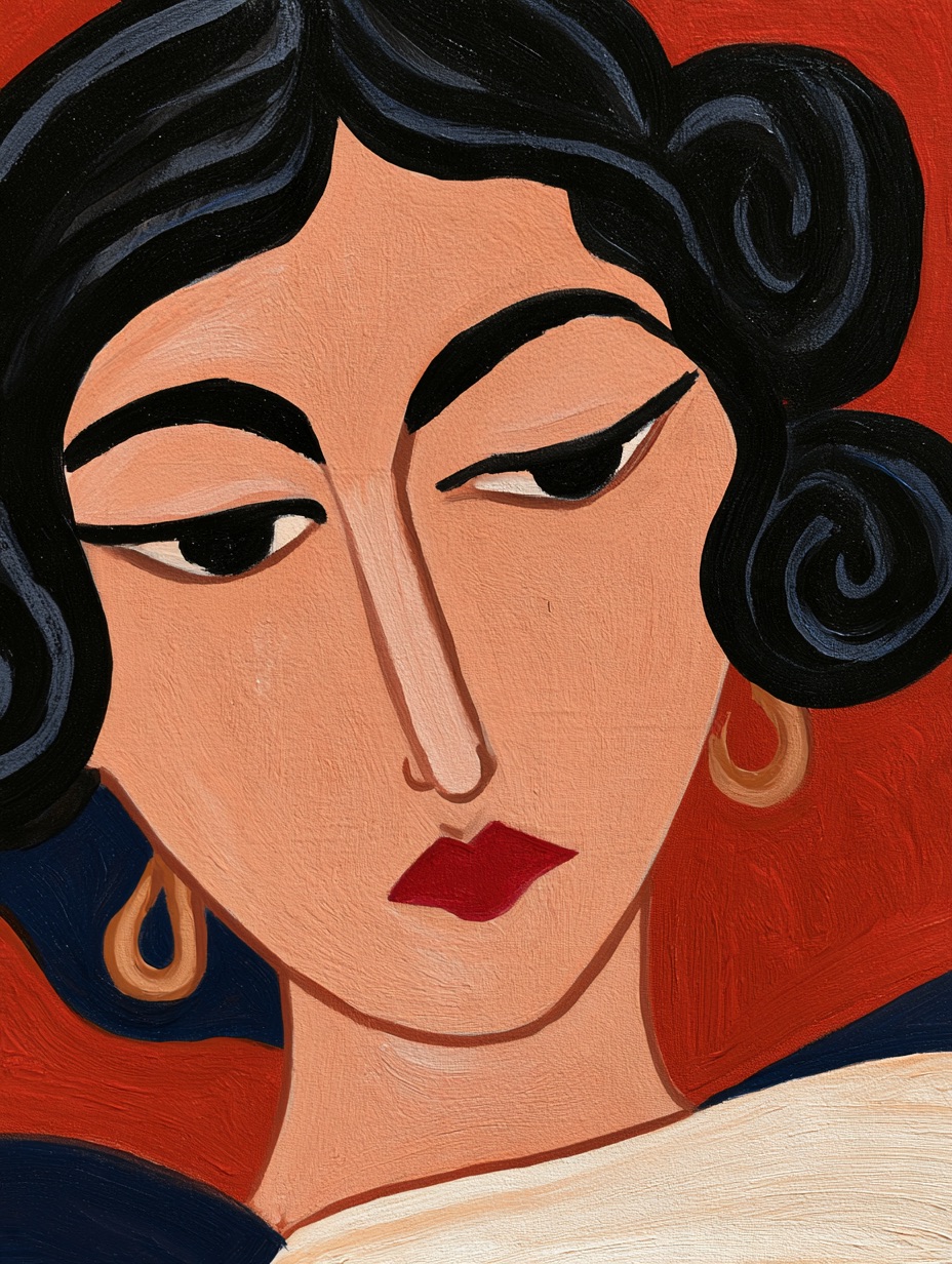 A primitivism portrait of a woman rendered with bold simplified outlines and earthy tones.