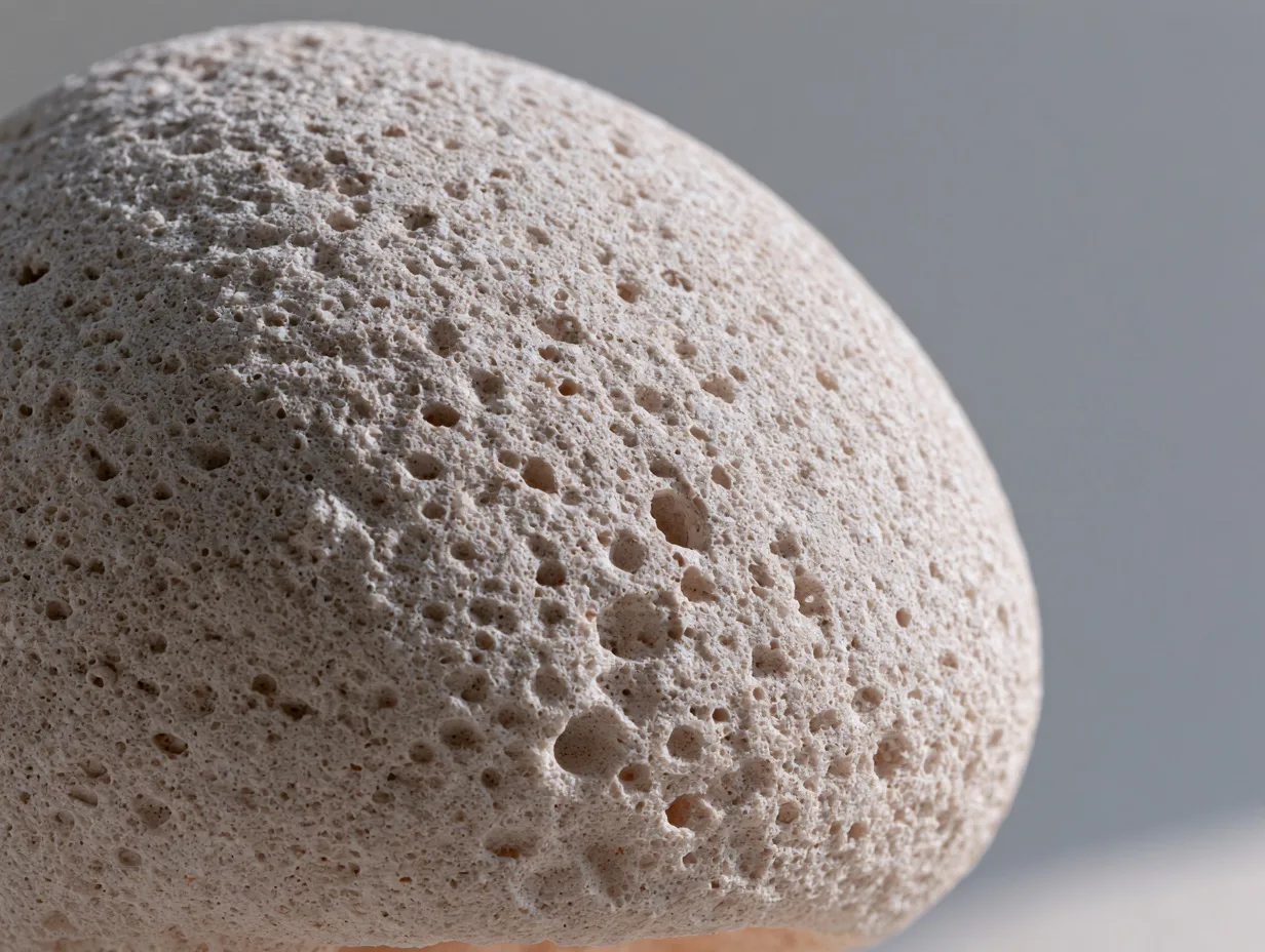 A macro close-up of a sphere carved from pumice, its rough porous surface covered in tiny craters, illuminated by soft diffuse light.