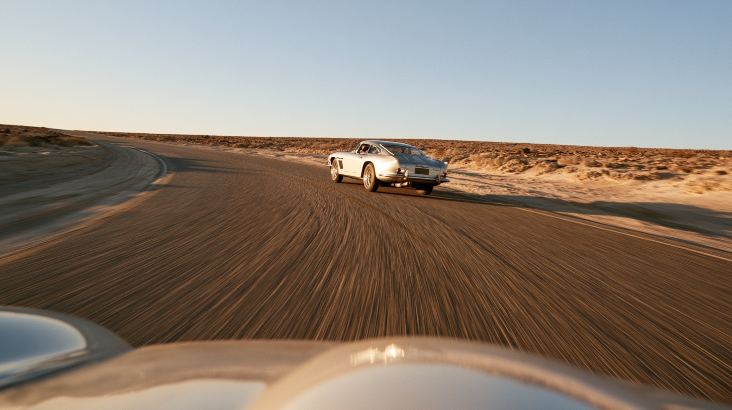 A pursuit vehicle perspective tracking a retro sports car along a sunlit highway with dynamic road motion.