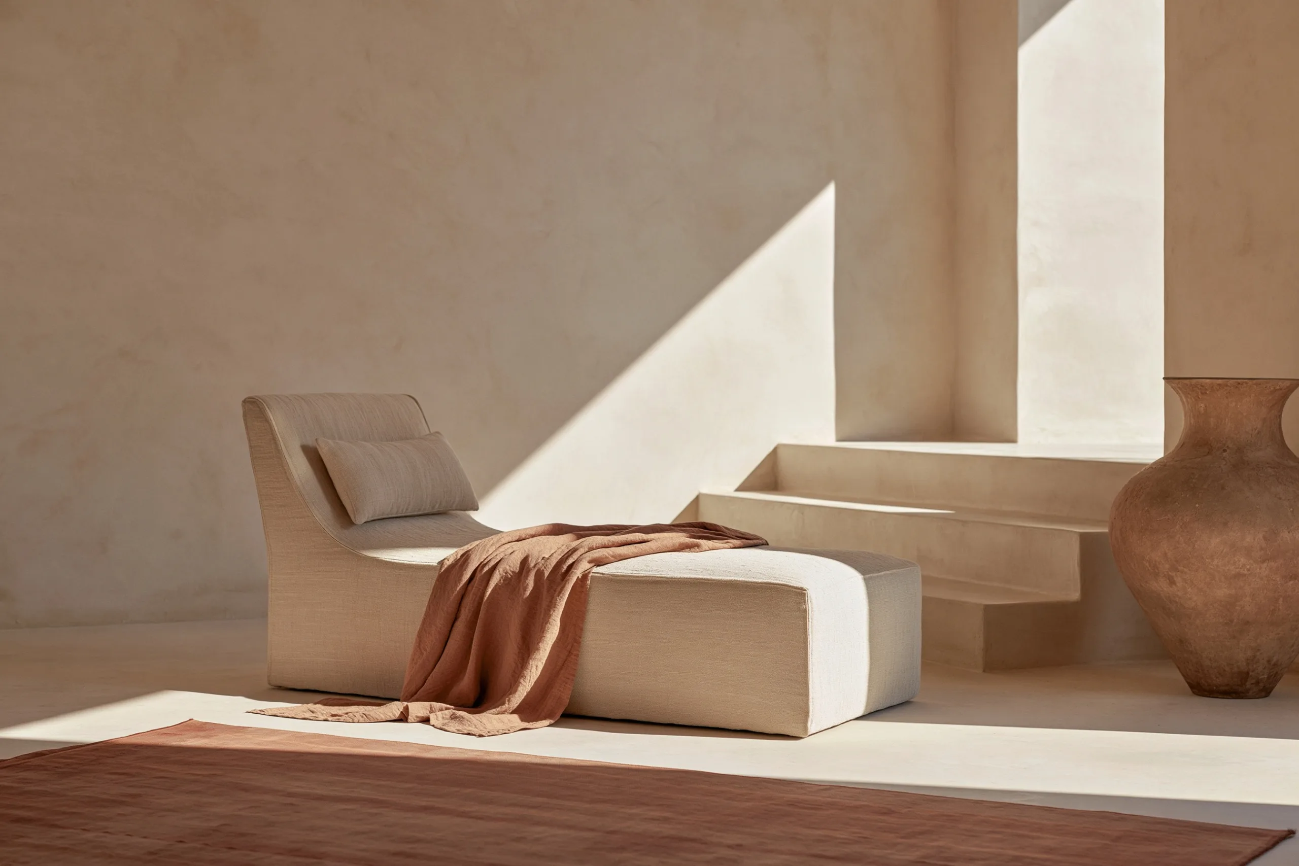 A minimalist modern living room featuring a linen lounge chair rendered in the quiet luxury aesthetic with soft directional key light.