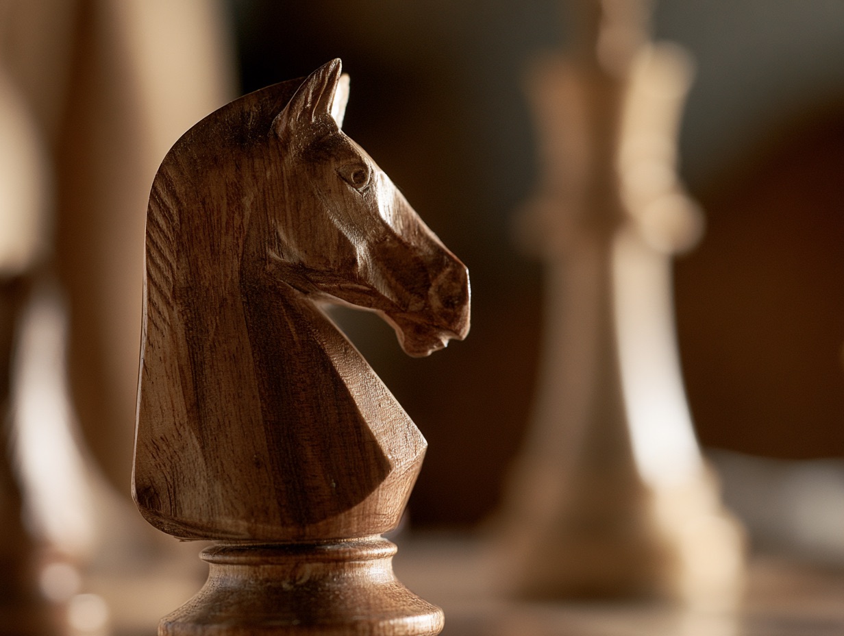 A rack focus shot of a sharp wooden chess piece in the foreground with a blurred king in the background.