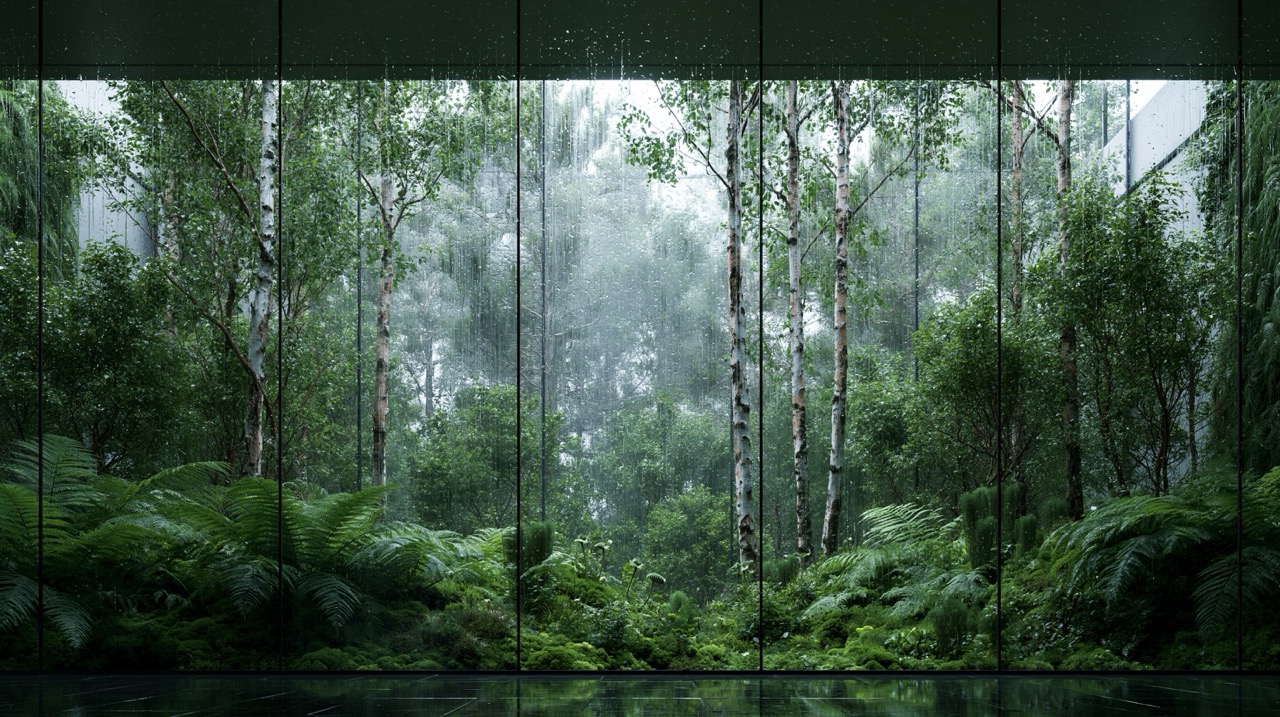 A sleek glass rain-soaked forest atrium filled with mist, living trees, and water trickling down floor-to-ceiling windows.