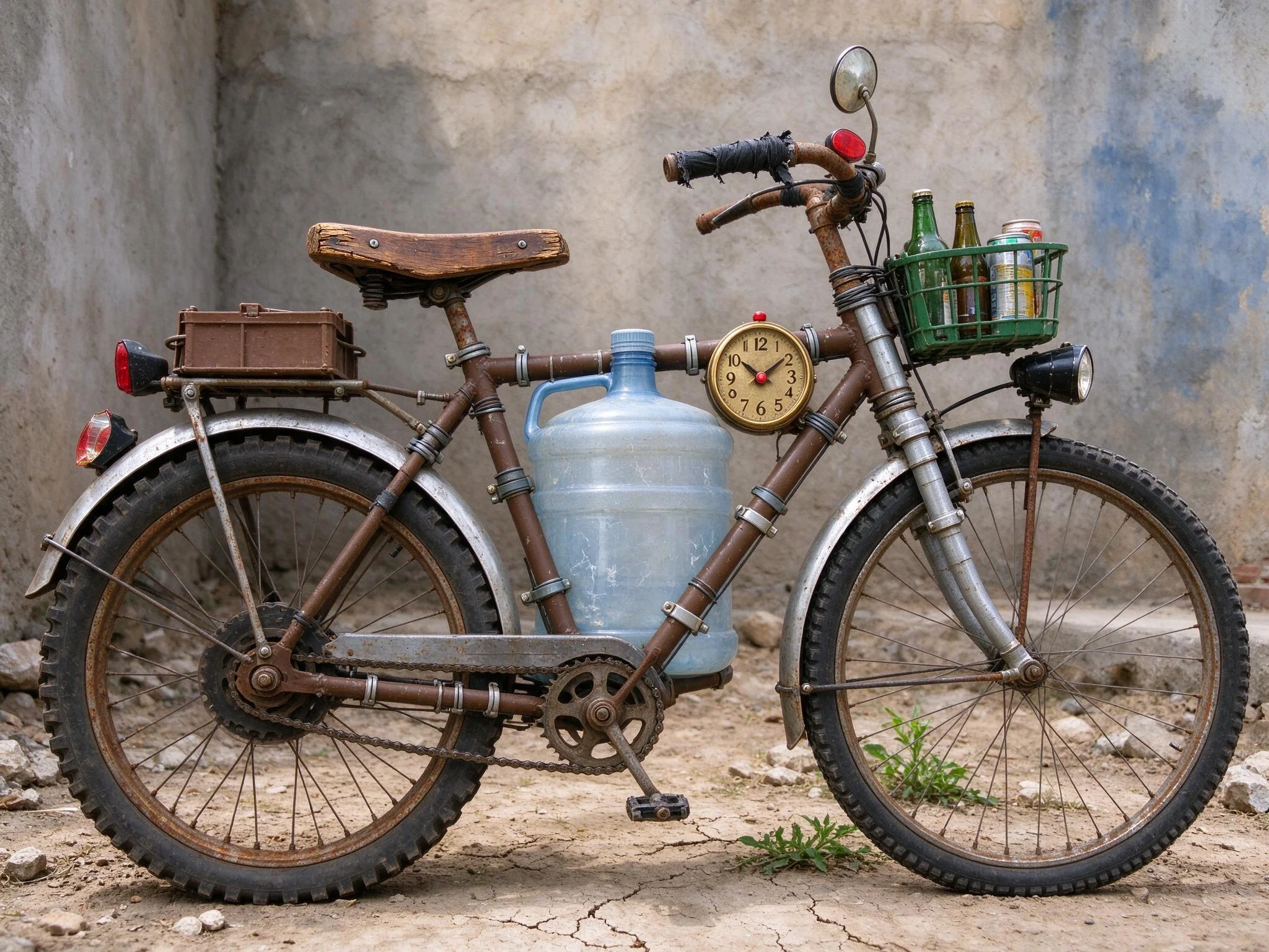 A rasquache bicycle patched together from bottle caps, tin cans, plastic flowers and other found and recycled objects.