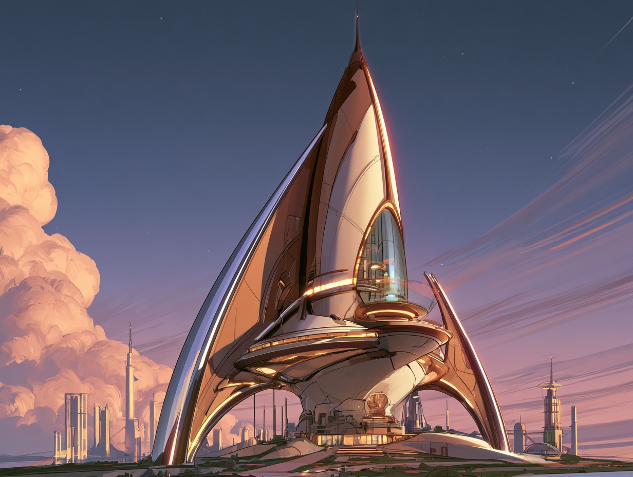 A sleek passenger rocket ship designed in Raygun gothic with chrome tailfins and glowing neon trim under a twilight sky.