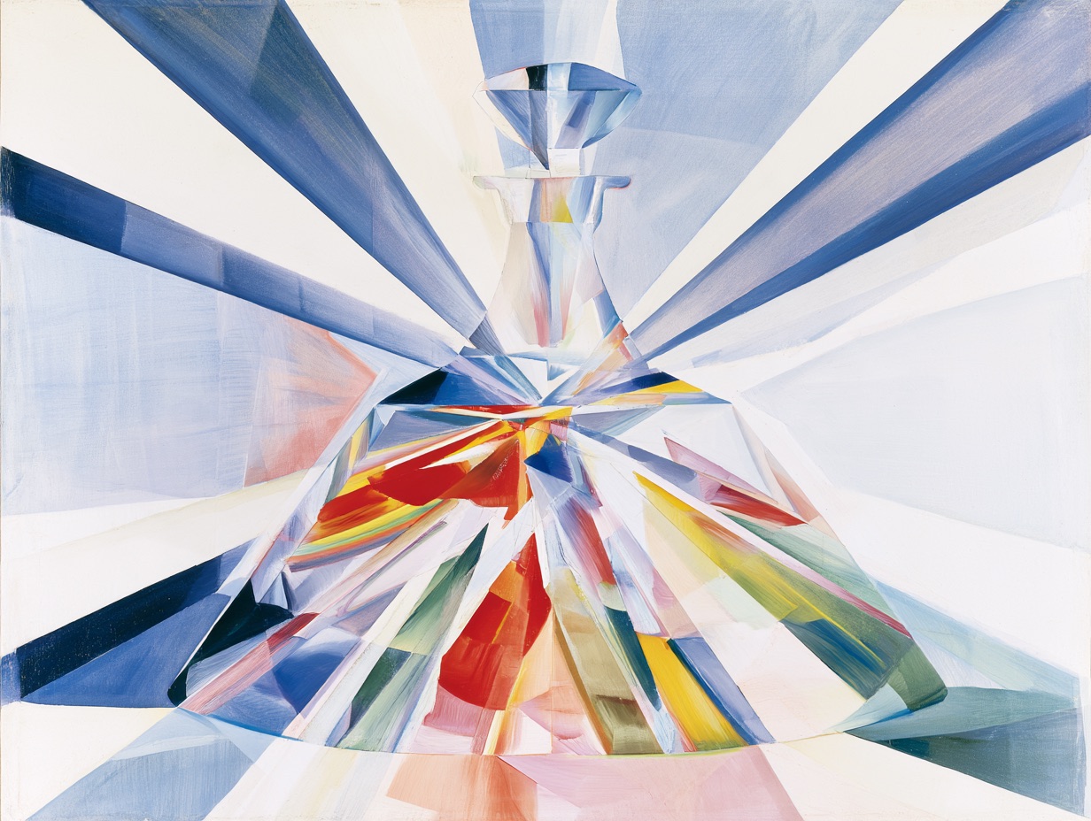 A glass decanter fractured into intersecting beams of light in the style of Rayonism.
