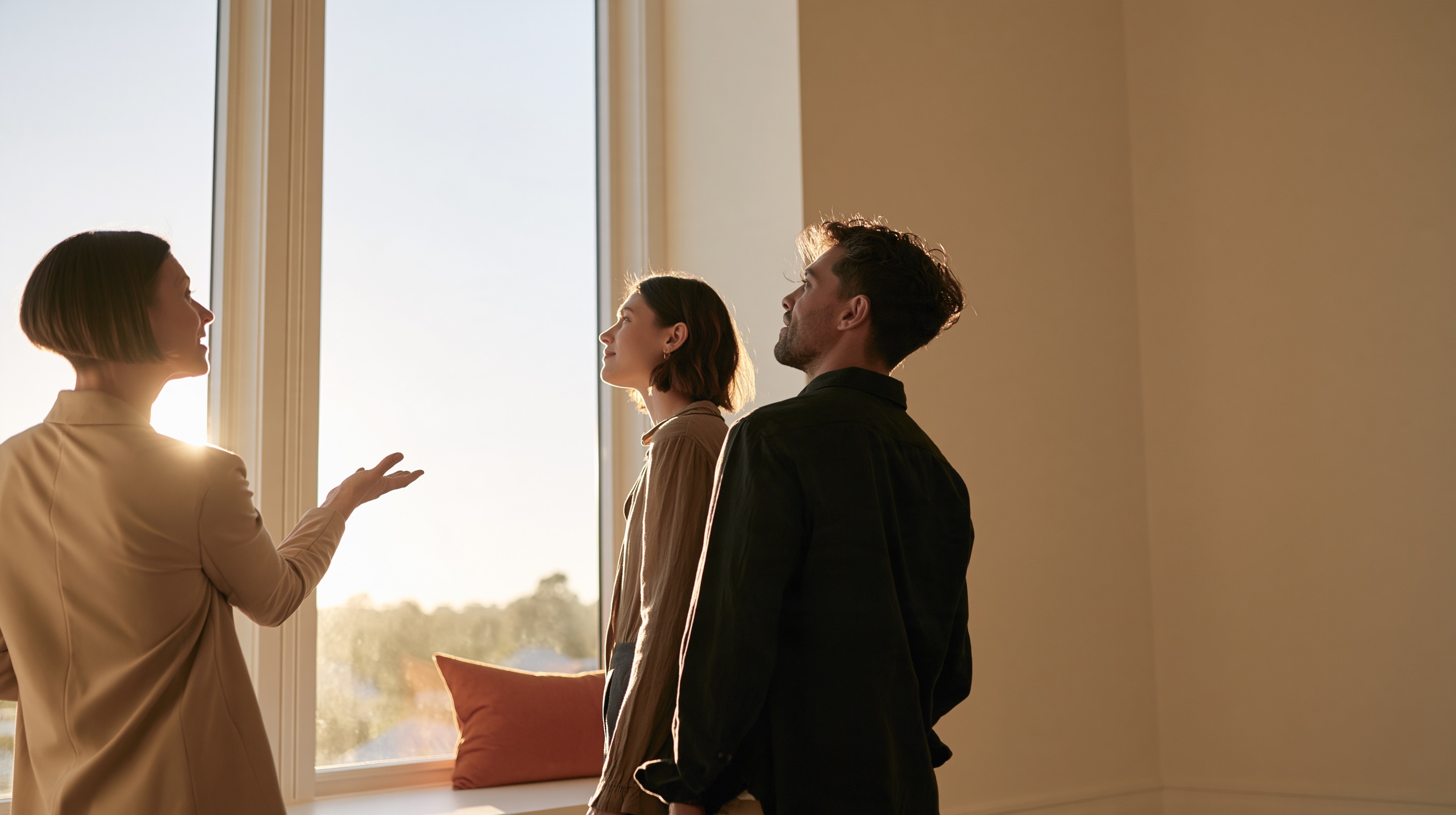 A realtor gestures toward a tall window in an empty living room as a couple looks on, backlit by golden-hour light.