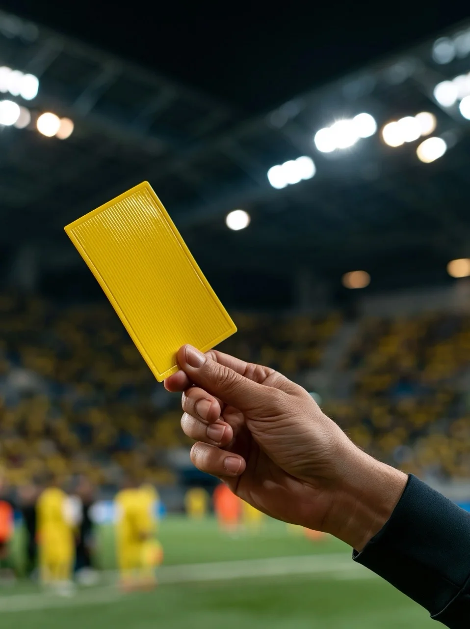 A hand raising a vibrant referee yellow card high in the air under bright stadium lights with a dramatic, shallow depth of field. football sport