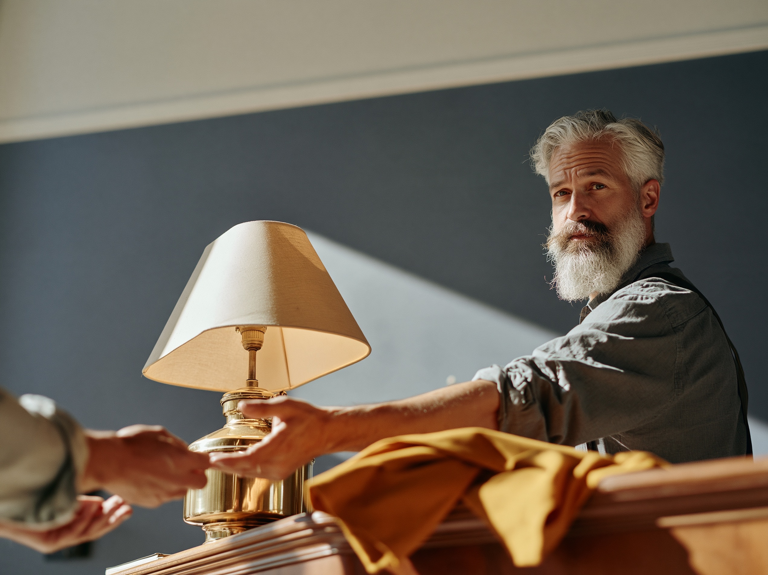 A grey-bearded repair technician passes a restored brass table lamp to a customer's hands across a wooden counter.