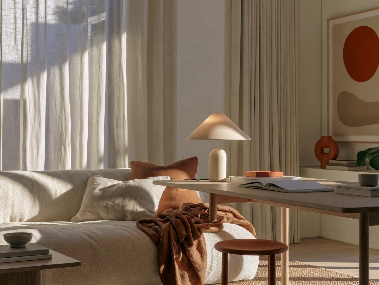 A resimercial workspace with a plush sofa, warm lamp, and a wooden desk, blending home comfort with office utility.