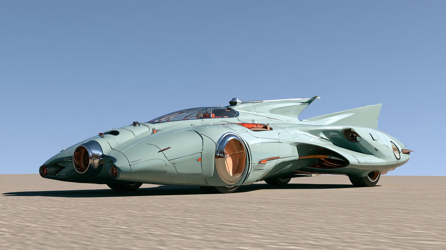 A sleek car rendered in retrofuturism styling with streamlined curves and vintage chrome detailing.