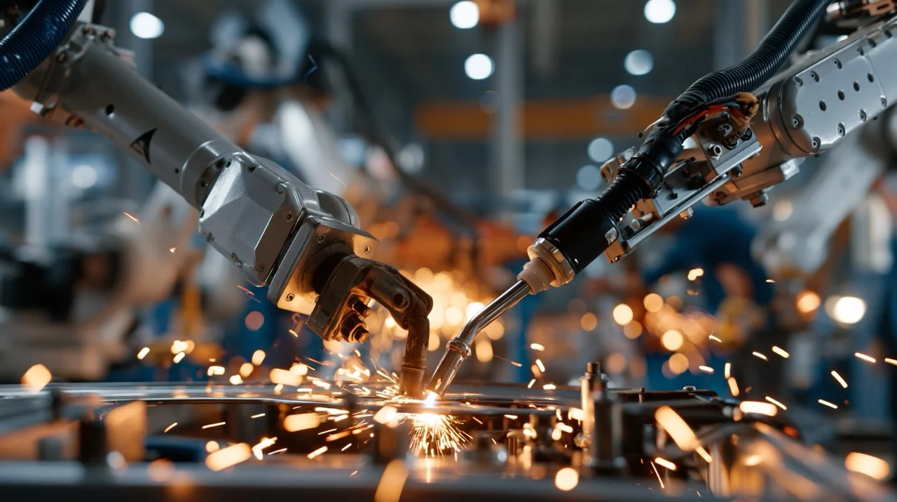 A sleek robotic arm assembly line precisely welding a vehicle chassis in a modern, softly lit automotive smart factory.industry, manufacturing, manufacture