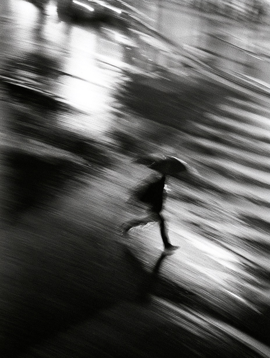 A lone pedestrian crosses a dark night street, rendered in rough blurry monochrome with heavy film grain.