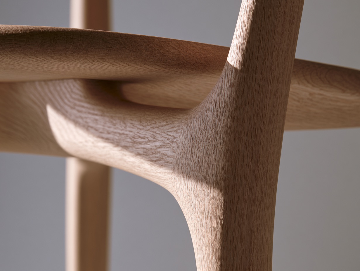 A close-up of a minimalist wooden chair showcasing its seamless wooden joinery under soft, diffused studio lighting.