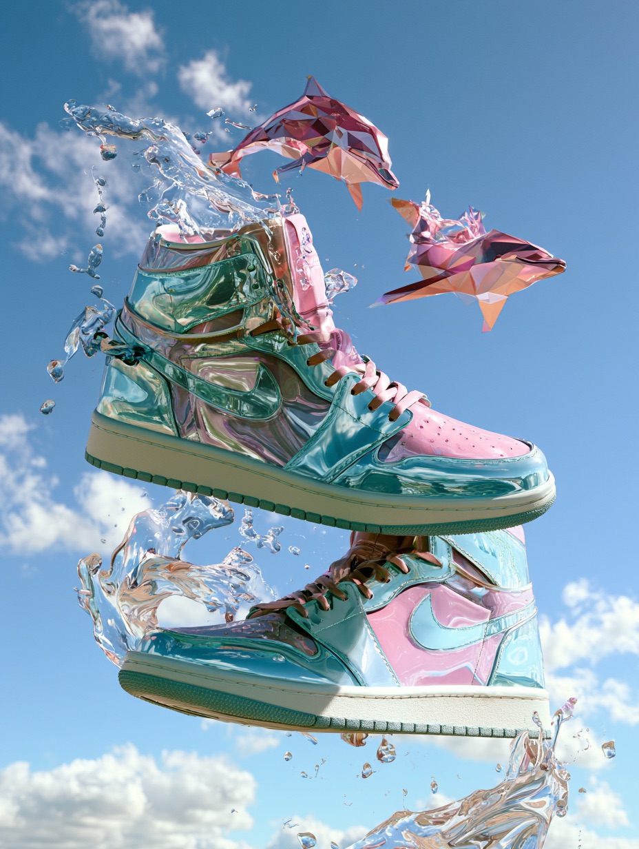 A pair of high-top sneakers styled in Seapunk with teal chrome surfaces, floating dolphins, and digital water reflections.
