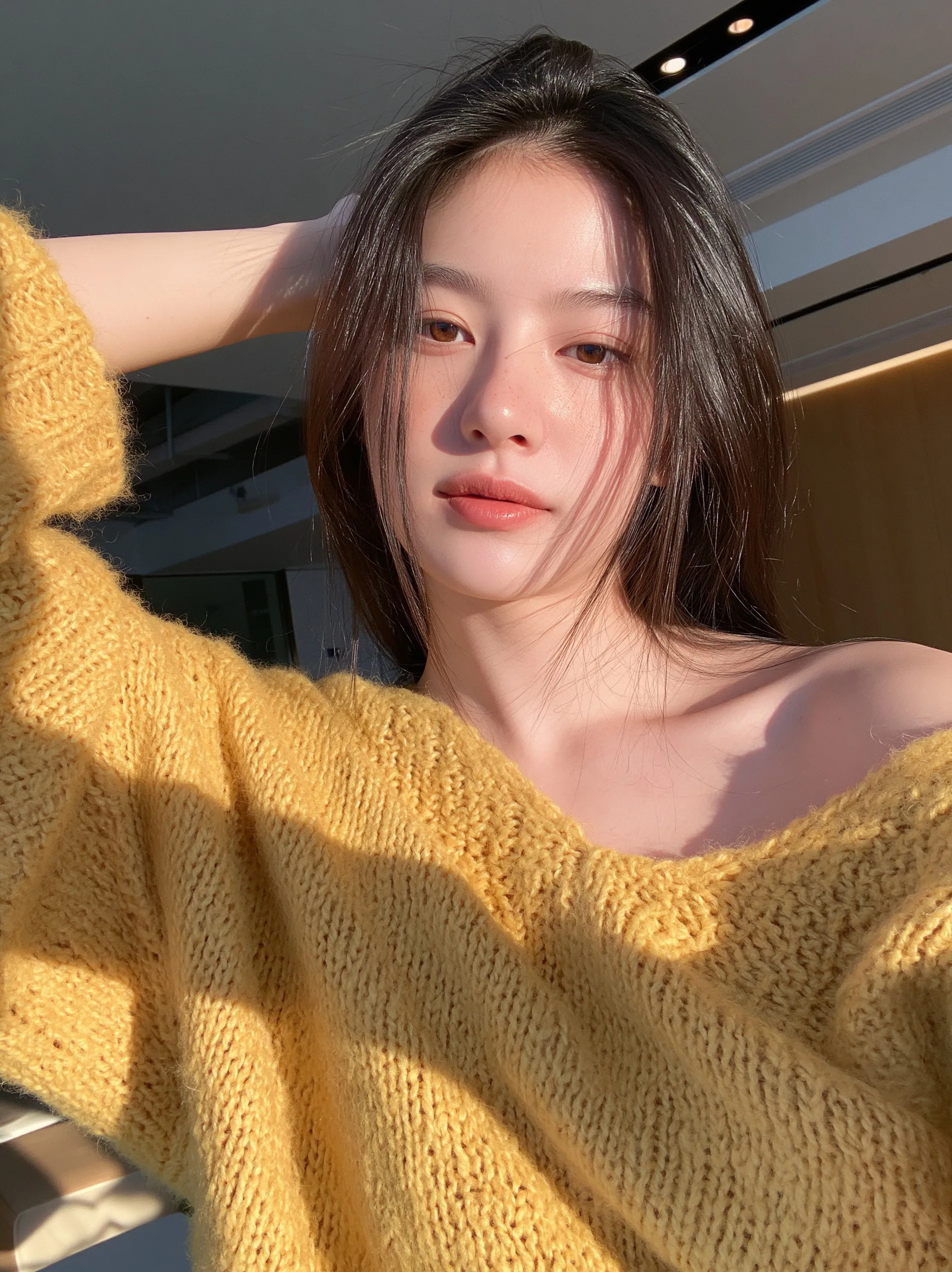 A casual selfie photo of a young woman in a cozy yellow sweater, smiling on a sunny autumn street with soft background blur.