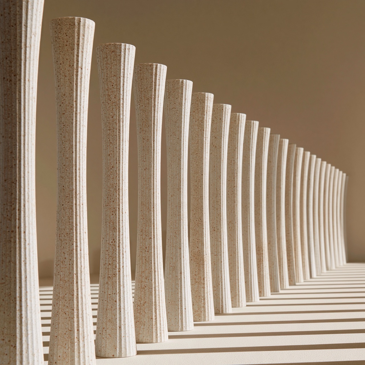 A row of ceramic vases, each a near-identical variation — serial art in a single frame.