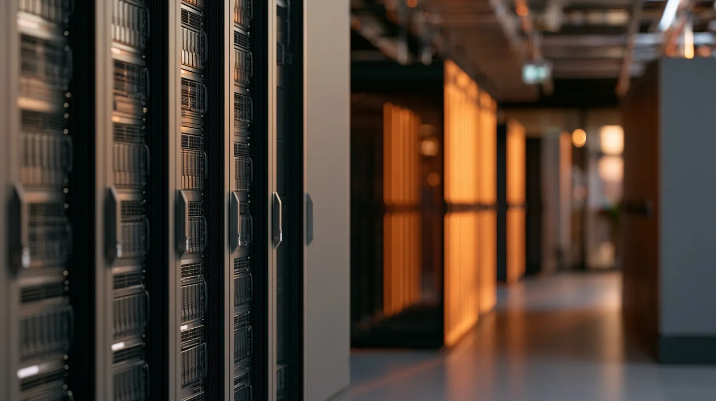 A clean server rack corridor recedes into a soft bokeh background, glowing with gentle amber and teal indicator lights.