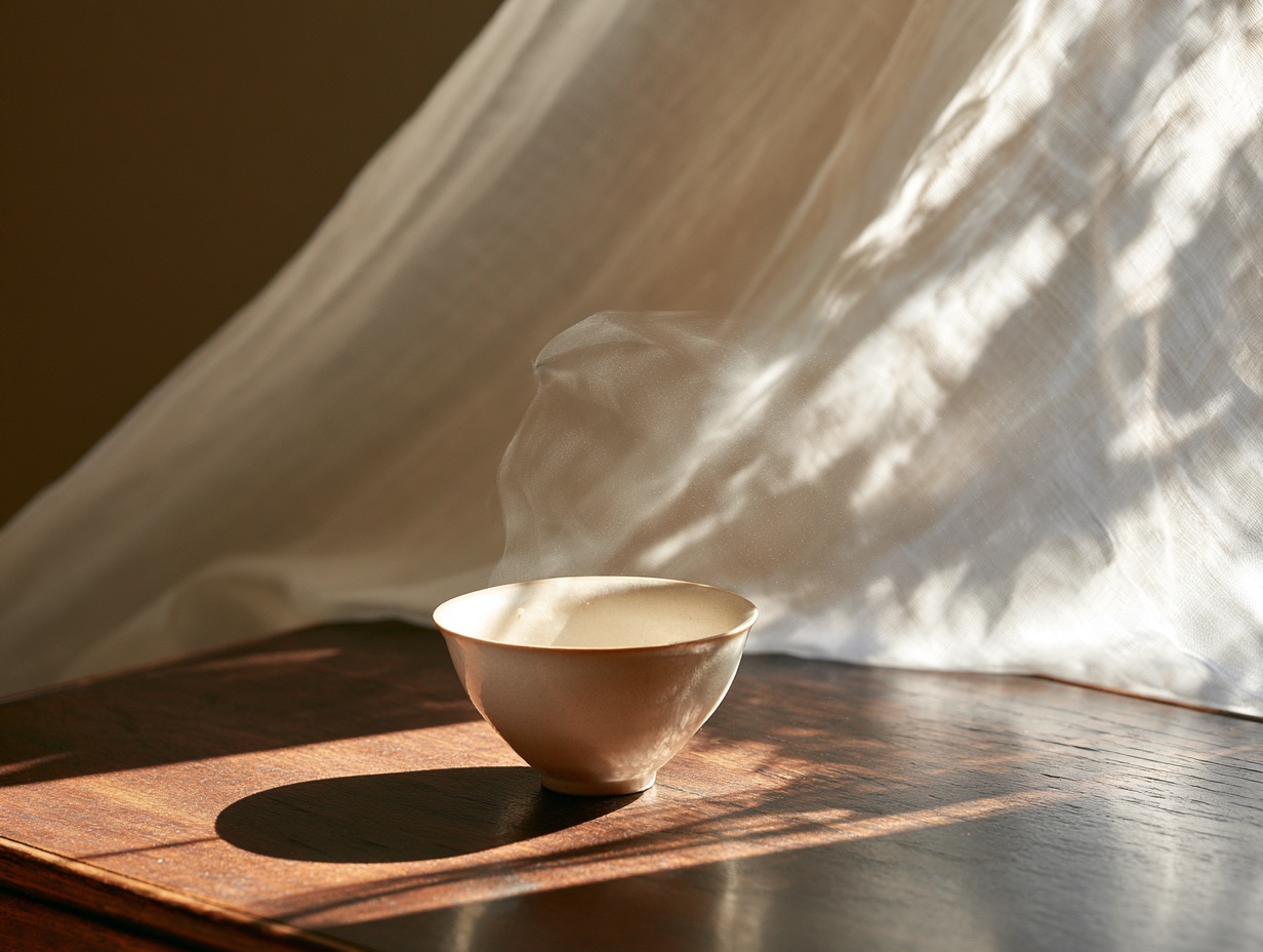 Sunlight creates a soft sheer curtain bloom across a minimalist ceramic teacup sitting on a wooden table.