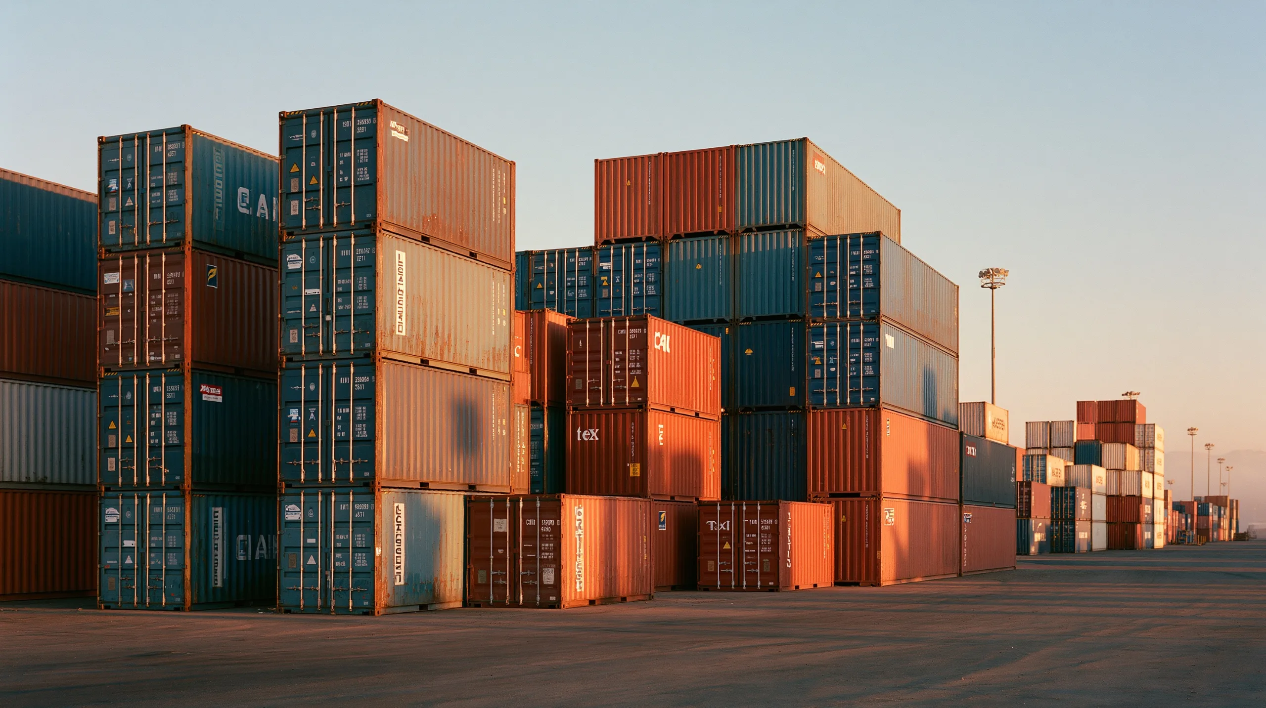An aerial golden hour shot of a quiet-luxury shipping container terminal with long shadows falling across neat stacks of muted blue and terracotta cargo crates.