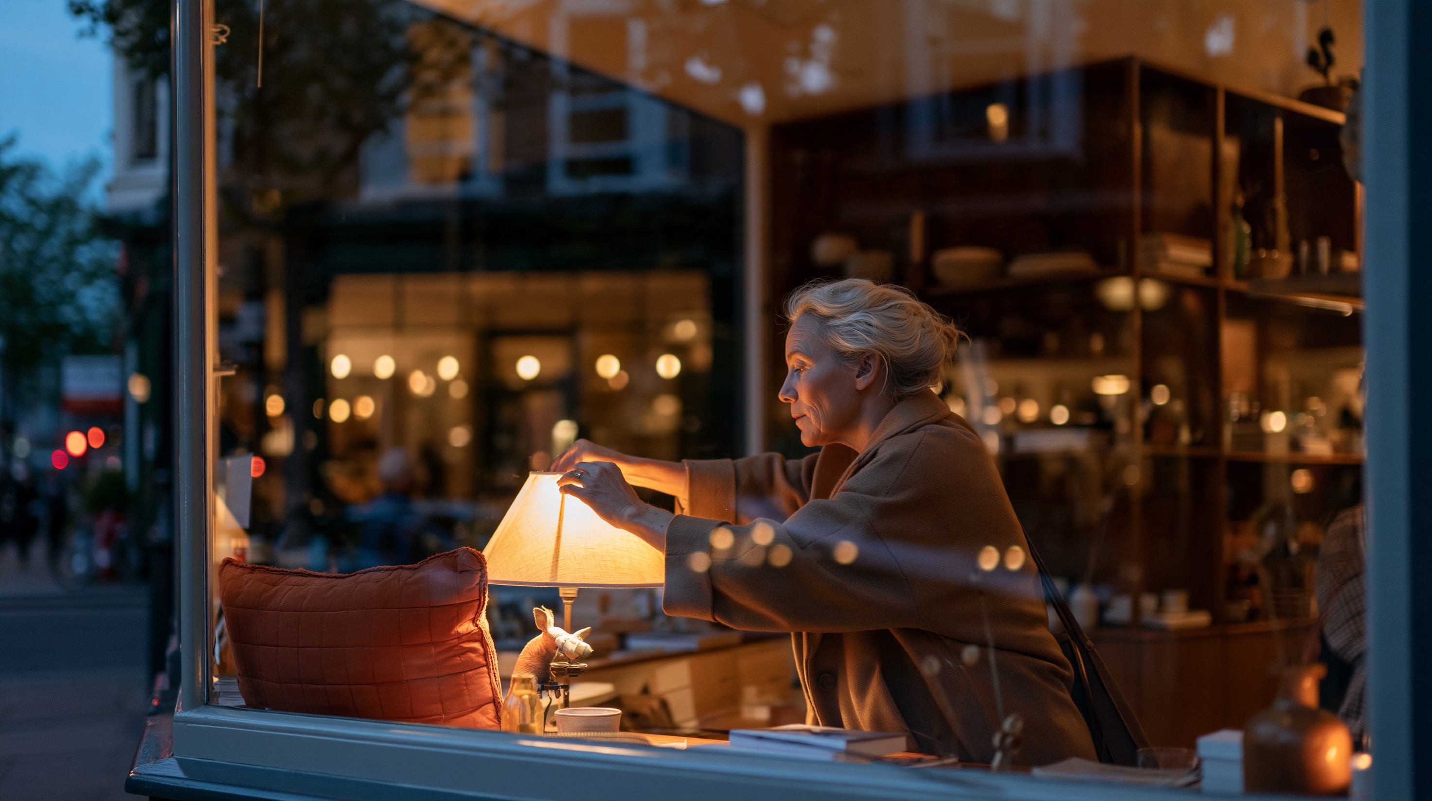 A silver-haired woman reaches to switch off a glowing lamp inside her small shop, seen through the front window at dusk.