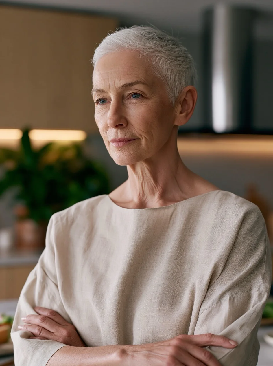 A commercial portrait of an elegant elderly woman with stunning silver hair smiling softly in a sunlit modern kitchen.